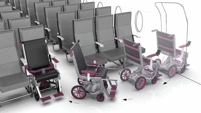 The Crawford Row Aircraft Wheelchair system would slide into the front row of economy class cabins.