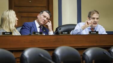 Republican Representative Jim Jordan, right, speaks during a House select subcommittee hearing on the origins of the coronavirus pandemic, on March 8. Bloomberg