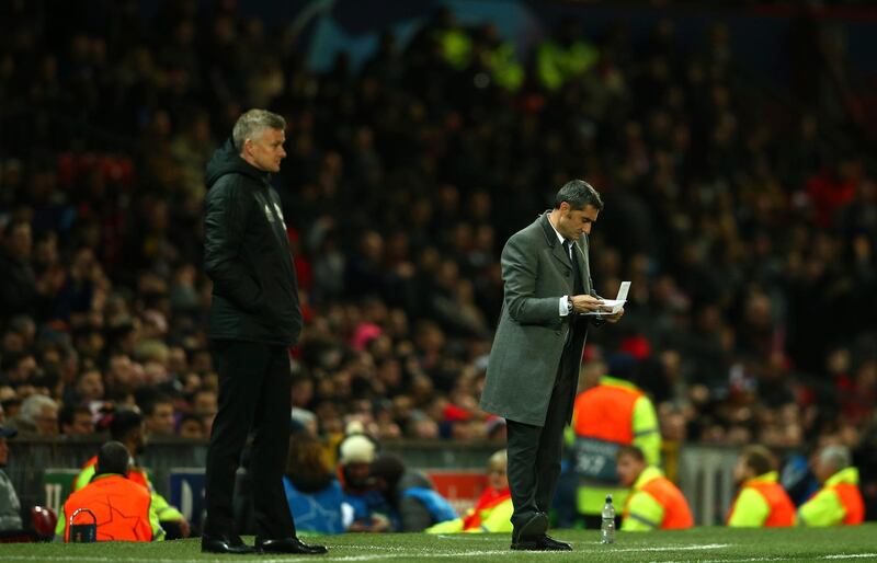 Barcelona manager Ernesto Valverde, right, and Manchester United manager Ole Gunnar Solskjaer watch on from the touchline. AP Photo