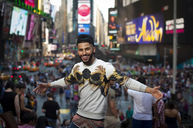 Adam Saleh, who has attracted a considerable online following with his YouTube videos, poses for a portrait in Manhattan’s Times Square on August 15, 2015. Dave Sanders for The National