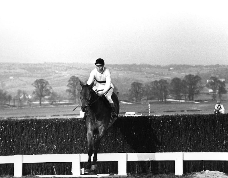 11 MAR 1965:  ARKLE RIDDEN BY P. TAAFFE TAKES THE LAST JUMP DURING THE CHELTENHAM GOLD CUP RACE.  ARKLE WON THE RACE WITH MILL HOUSE RIDDEN BY G.W. ROBINSON SECOND AND STONEY CROSSING THIRD. Mandatory Credit: Allsport Hulton/Archive /Getty Images