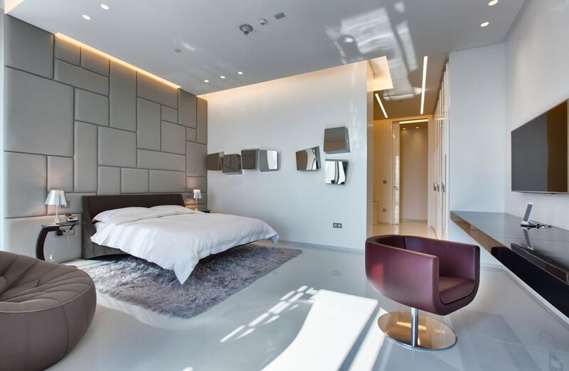 The Miami-themed bedroom. Courtesy LuxuryProperty.com