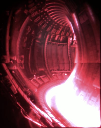 Inside JET's tokamak, 0.1 milligrammes each of deuterium and tritium – both isotopes of hydrogen – were heated to temperatures 10 times hotter than the centre of the Sun to create plasma. Photo: UKAEA