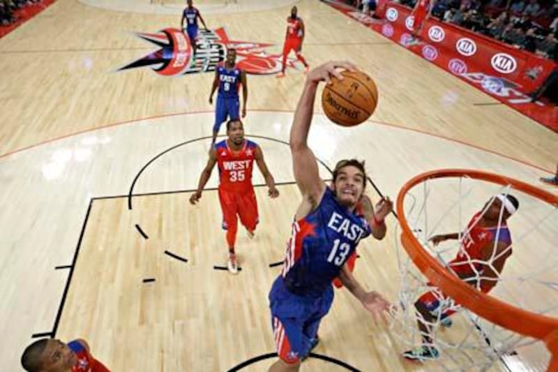 France's Joakim Noah of the Chicago Bulls goes up for a shot during the first half of the NBA All-Star basketball game Sunday, Feb. 17, 2013, in Houston. (AP Photo/Eric Gay)