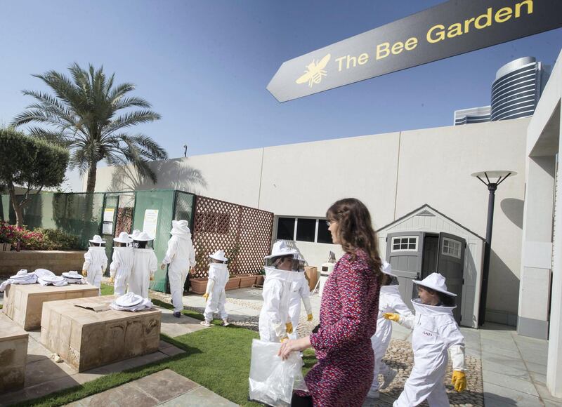 DUBAI, UNITED ARAB EMIRATES -  Students going inside the bee garden at American School of Dubai has partnered with the Beekeepers Foundation UAE to create a community on campus and raise awareness of the importance and protection of honeybees in the UAE at American School Dubai.  Ruel Pableo for The National