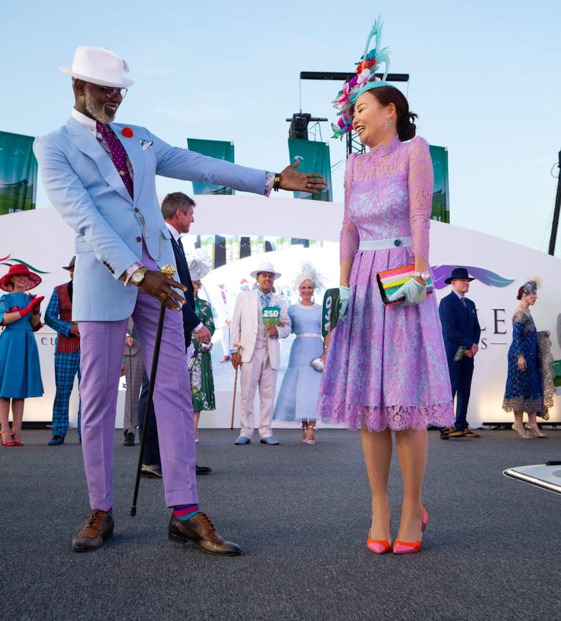Style Stakes Best Dressed Couple, Nader Tearab and Zheng-Gi-Ya at the Dubai World Cup on March 30, 2019. Twitter / Meydan Style
