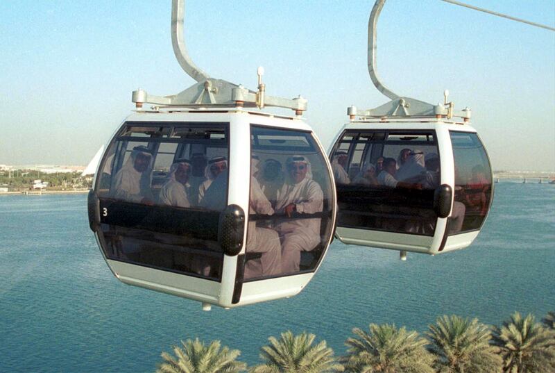 A view from above of the $5.4 million (Dh20 million) cable car system inaugurated in Dubai in 2000. The cable cars are suspended 25 metres above Creek Park, giving visitors a bird's-eye view of the creek.