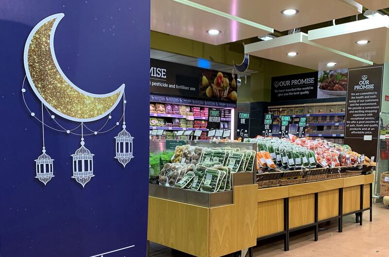 DUBAI, UNITED ARAB EMIRATES , April 20– 2020 :- Ramadan decoration at the Spinneys in Al Barsha in Dubai.  Dubai is conducting 24 hours sterilisation programme across all areas and communities in the Emirate and told residents to stay at home. UAE government told residents to wear face mask and gloves all the times outside the home whether they are showing symptoms of Covid-19 or not.  (Pawan Singh / The National) For News/Online