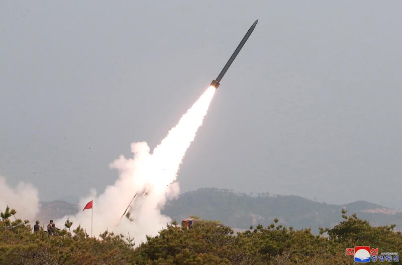 North Korean military conducts a "strike drill" for multiple launchers and tactical guided weapon into the East Sea during a military drill in North Korea, in this May 4, 2019 photo supplied by the Korean Central News Agency (KCNA).  KCNA via REUTERS    ATTENTION EDITORS - THIS IMAGE WAS PROVIDED BY A THIRD PARTY. REUTERS IS UNABLE TO INDEPENDENTLY VERIFY THIS IMAGE. NO THIRD PARTY SALES. SOUTH KOREA OUT.