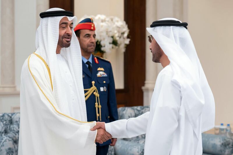 ABU DHABI, UNITED ARAB EMIRATES - June 04, 2019:  HH Sheikh Mohamed bin Zayed Al Nahyan, Crown Prince of Abu Dhabi and Deputy Supreme Commander of the UAE Armed Forces (L), greets a guest during an Eid Al Fitr reception, at Mushrif Palace.

( Eissa Al Hammadi for Ministry of Presidential Affairs )
---