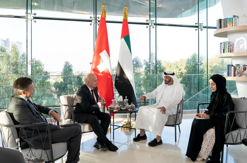 ABU DHABI, UNITED ARAB EMIRATES - October 27, 2019: HH Sheikh Mohamed bin Zayed Al Nahyan, Crown Prince of Abu Dhabi and Deputy Supreme Commander of the UAE Armed Forces (2nd R) meets with HE Ueli Maurer, President of the Switzerland (2nd L), at Youth Hub Abu Dhabi. Seen with HE Shamma Suhail Al Mazrouei, UAE Minister of State for Youth Affairs (R).

( Mohamed Al Hammadi / Ministry of Presidential Affairs )
---
