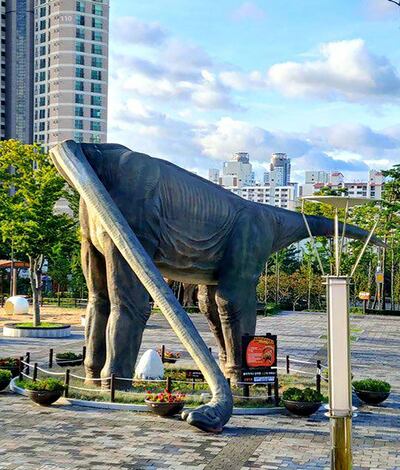 A dinosaur sculpture is damaged by Typhoon Maysak in the southeastern port city of Ulsan on September 3, 2020.
 A powerful typhoon drenched both Koreas on September 3, killing at least one person in the South and inundating streets in a Northern port as it churned its way up the peninsula. -  - South Korea OUT / REPUBLIC OF KOREA OUT  NO ARCHIVES  RESTRICTED TO SUBSCRIPTION USE    
 / AFP / YONHAP / - / REPUBLIC OF KOREA OUT  NO ARCHIVES  RESTRICTED TO SUBSCRIPTION USE    
