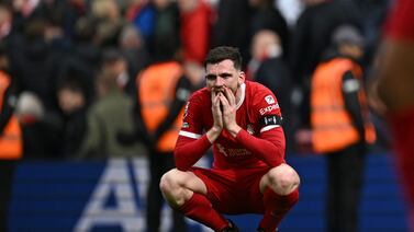 Liverpool defender Andrew Robertson after the defeat to Crystal Palace at Anfield on April 14, 2024. AFP