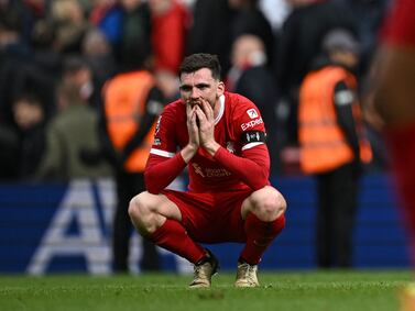 Liverpool defender Andrew Robertson after the defeat to Crystal Palace at Anfield on April 14, 2024. AFP