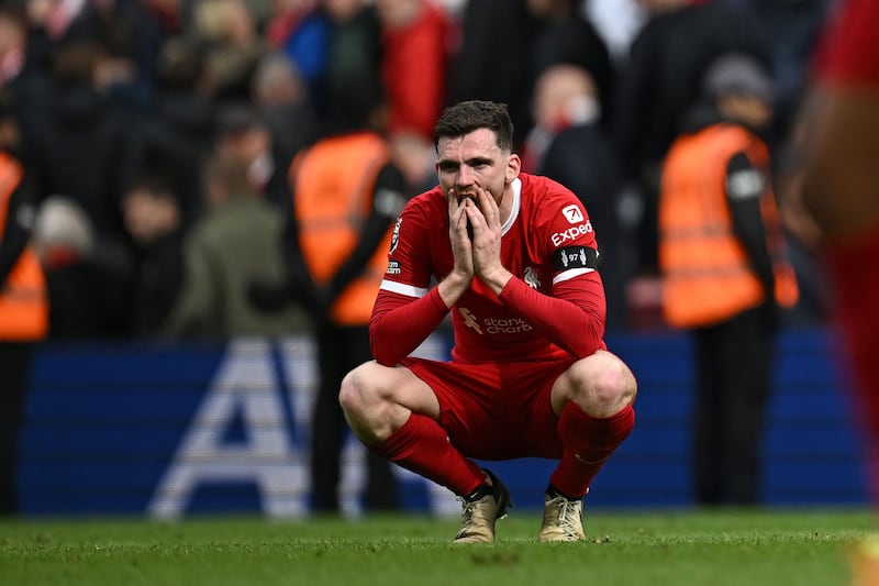 Liverpool defender Andrew Robertson after the defeat to Crystal Palace at Anfield on April 14, 2024. AFP