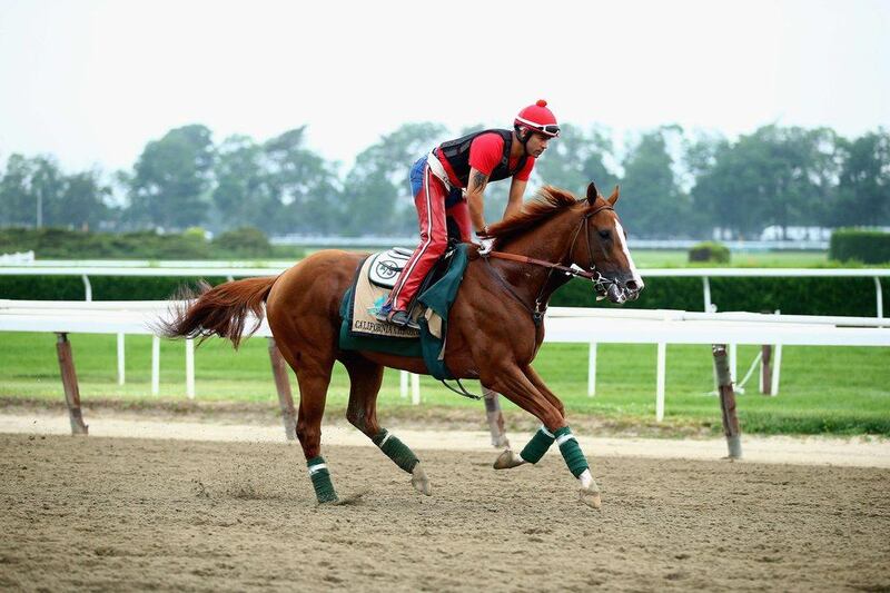 California Chrome shown on Wednesday with exercise rider Willie Delgado at Belmont Park ahead of the Belmont Stakes on Saturday. Al Bello / Getty Images / AFP / June 4, 2014 