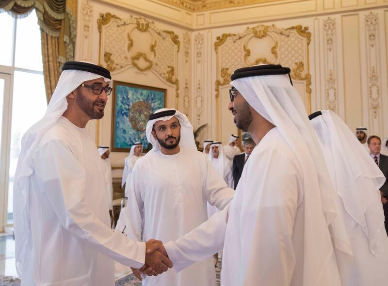 Sheikh Mohammed bin Zayed, Crown Prince of Abu Dhabi and Deputy Supreme Commander of the Armed Forces,  receives Al Bayt Mitwahed members, during a Sea Palace barza. Mohamed Al Hammadi / Crown Prince Court - Abu Dhabi