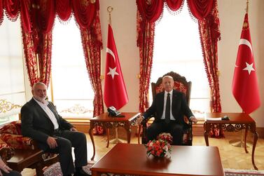 Turkey's President Recep Tayyip Erdogan (right) and Hamas's political bureau chief Ismail Haniya during a meeting in Istanbul last week. AFP