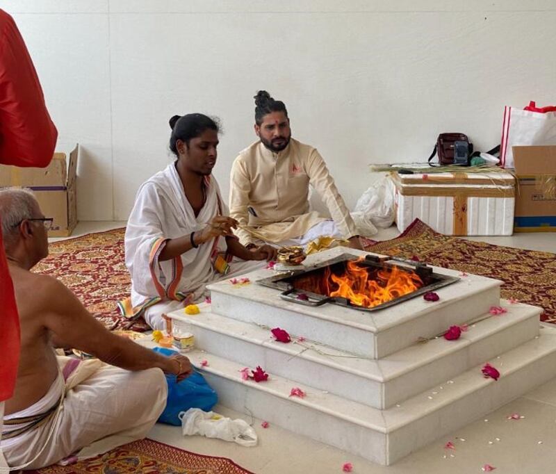 Srinivasan Ramanujam celebrates his 80th birthday with a prayer ceremony. Photo: Srinivasan family 

