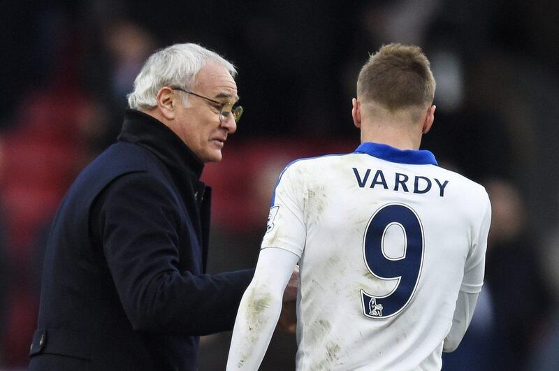 Leicester City manager Claudio Ranieri and Jamie Vardy celebrate winning after the game. Reuters / Dylan Martinez