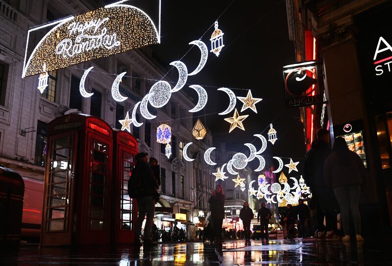 Lights celebrating Ramadan are displayed in the West End of London. EPA