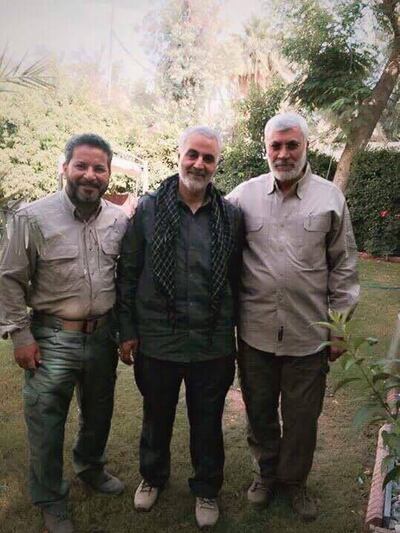 Quds Force commander Major General Qassem Soleimani in Baghdad with Popular Mobilization Committee chief Abu Mahdi al Muhandis (right) and Imam Ali Brigade leader Shebl al Zaydi (left)