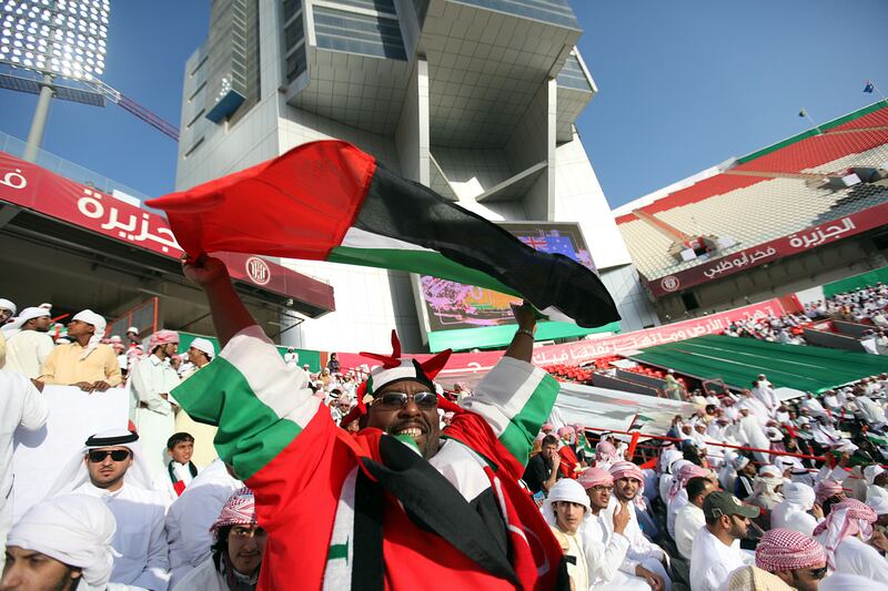 February 22, 2012 (Abu Dhabi)UAE fans celebrate has the UAE Olympic team plays Australia for a Olympic qulifier game play in Abu Dhabi February 22, 2012.  (Sammy Dallal / The National)