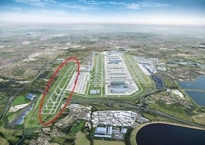 The potential third runway at Heathrow, circled, would be to the north of the existing runways and would require extensive construction. The project is 'on pause'. Photo: Heathrow Airport