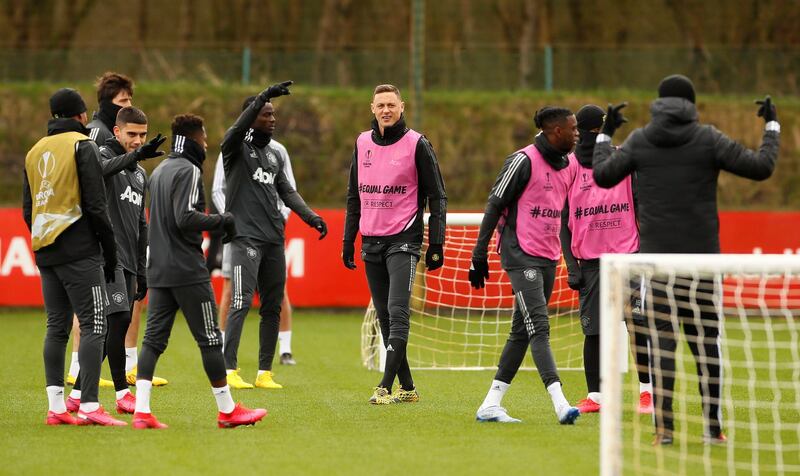 Manchester United's Nemanja Matic and teammates during training at the Aon Training Complex. Reuters