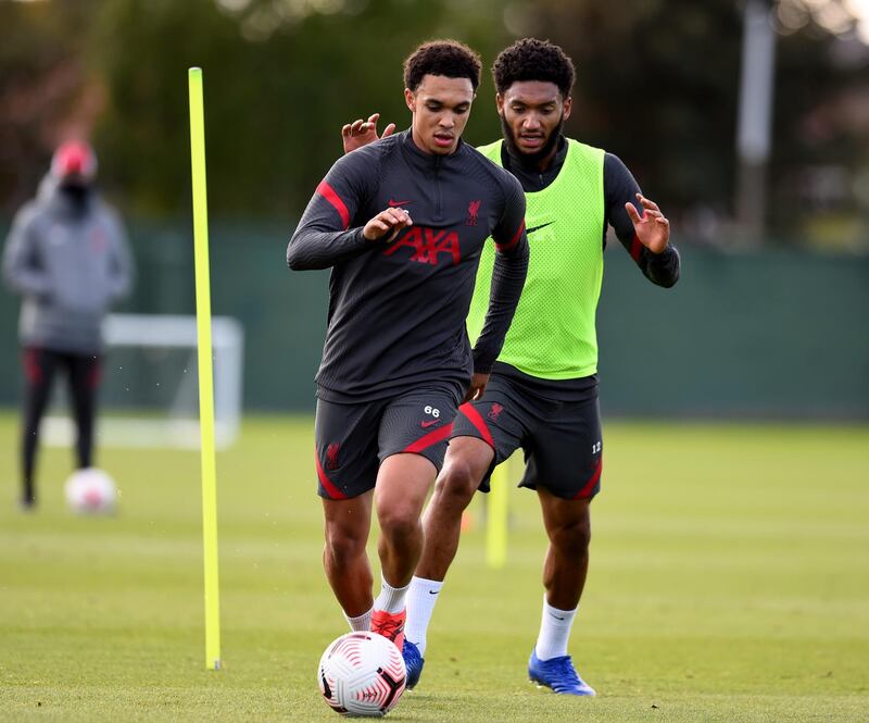 LIVERPOOL, ENGLAND - SEPTEMBER 25: (THE SUN OUT, THE SUN ON SUNDAY OUT) Trent Alexander-Arnold and Joe Gomez of Liverpool during the training session at Melwood Training Ground on September 25, 2020 in Liverpool, England. (Photo by Andrew Powell/Liverpool FC via Getty Images)