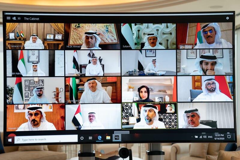 The UAE Cabinet meet remotely to discuss a bonus scheme for critical workers during crises. Courtesy: Dubai Media Office