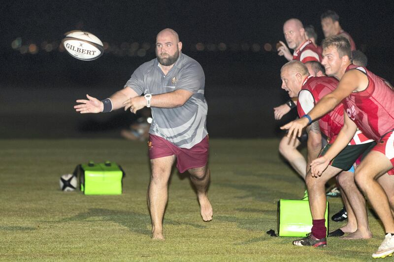 Ras al Khamiah, United Arab Emirates, August 30, 2017:     Craig Chapman, coach of the RAK Rugby team leads a training session at Tower Links Golf Club in Ras al Khamiah on August 30, 2017. Christopher Pike / The National

Reporter: Paul Radley
Section: Sport