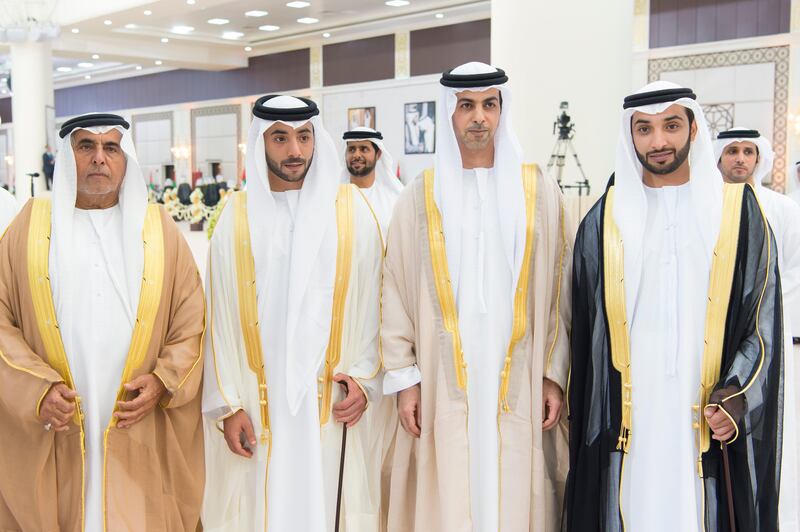 ABU DHABI, UNITED ARAB EMIRATES - April 11, 2016: HH Dr Sheikh Hazza bin Sultan bin Zayed Al Nahyan (2nd L) and HH Sheikh Omar bin Zayed Al Nahyan, Deputy Chairman of the Board of Trustees of Zayed bin Sultan Al Nahyan Charitable and Humanitarian Foundation (3rd L), stand for a photograph with groom, HH Dr Sheikh Khaled bin Sultan bin Zayed Al Nahyan (R), during his group wedding at Mushrif Palace.
( Mohamed Al Suwaidi / Crown Prince Court - Abu Dhabi ) *** Local Caption ***  20160411MSC02_6305.jpg