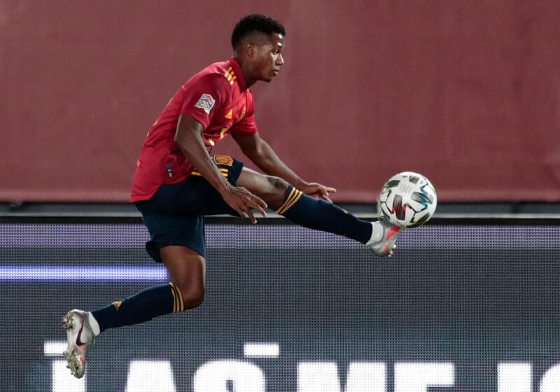 Ansu Fati controls the ball during Spain's Uefa Nations League match against Ukraine. AP Photo