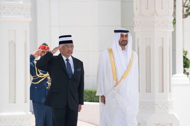 Sheikh Mohamed bin Zayed receives the King of Malaysia, Sultan Abdullah Sultan Ahmad Shah, at an official reception ceremony at Al Watan Palace. Courtesy Sheikh Mohamed bin Zayed Twitter