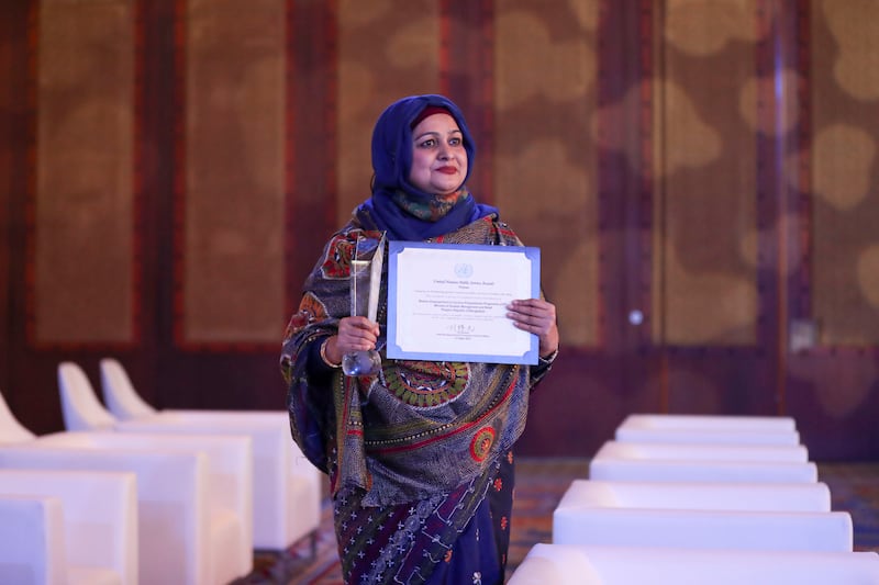 Kazi Tasmin Ara Ajmery, Deputy Secretary for the Ministry of Disaster Management & Relief in Bangladesh at the United Nations Public Service Awards, Dubai. Khushnum Bhandari / The National