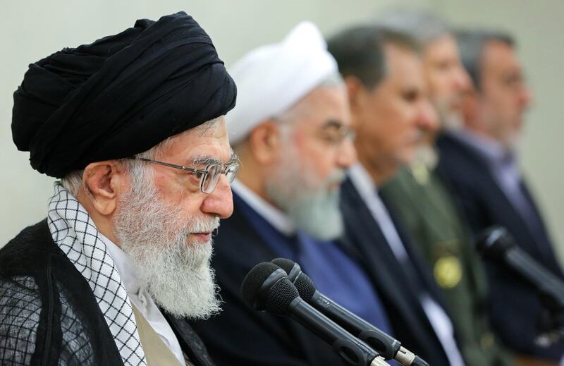 epa06980738 A handout photo made available by the Iranian Supreme Leader office shows, Iranian Supreme Leader Ayatollah Ali Khamenei (L) speaking during a meeting with Iranian President Hassan Rouhani (2-L) and his cabinet in Tehran, Iran, 29 August 2018. Media reported as Rouhani is under pressure over economic crises and demands for his resignation are louder, Khamenei has supported him as saying removing the President is just would be good for enemies.  EPA/IRANIAN SUPREME LEADER OFFICE HANDOUT  HANDOUT EDITORIAL USE ONLY/NO SALES