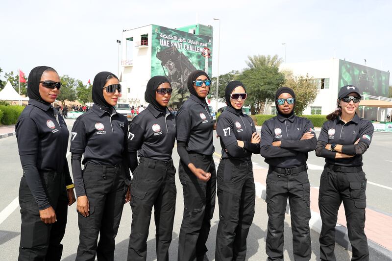 The Abu Dhabi Police women’s team at the UAE Swat Challenge, held at Dubai Police training centre, in Al Ruwayyah. Pawan Singh/ The National
