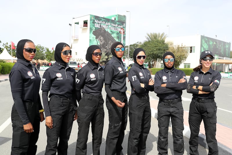 The Abu Dhabi Police women’s team at the UAE Swat Challenge, held at Dubai Police training centre, in Al Ruwayyah. Pawan Singh/ The National
