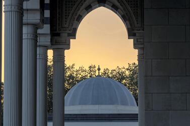 Dubai, United Arab Emirates - Reporter: N/A: The sun rises over Al Farooq Omar Bin Al Khattab Mosque on the first morning of Ramadan. Mosques remain closed due to Covid-19. Friday, April 24th, 2020. Dubai. Chris Whiteoak / The National