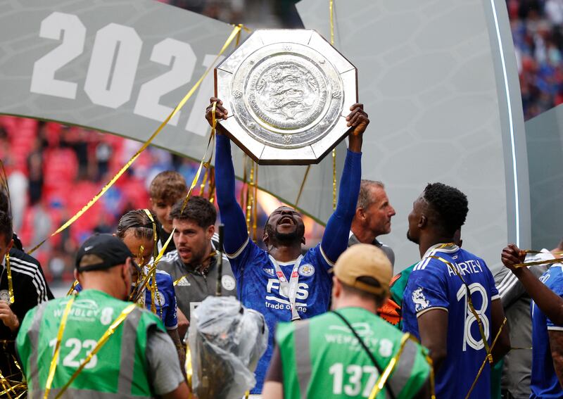 Striker Kelechi Iheanacho lifts the Community Shield trophy after Leicester City defeated Manchester City at the Wembley Stadium on Saturday, August 7, 2021.
