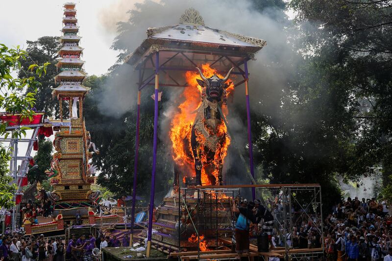 A bull statue containing the coffin of Tjokorda Istri Rai Dharmawati, a member of Ubud royal palace, burns during the procession of the royal cremation ceremony, known as 'Pelebon', in Ubud, Indonesia. Reuters