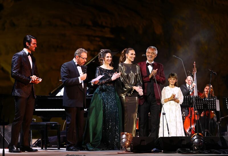 Matteo Bocelli, Eugene Kohn, Francesca Maionchi, Loren Allred, Andrea Bocelli and Virginia Bocelli on stage. Getty Images for The Royal Commission for AlUla