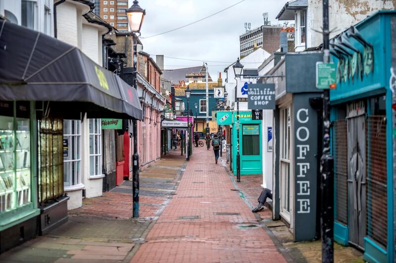 BRIGHTON, ENGLAND - JANUARY 26: Near-deserted streets in the shopping areas of The Lanes and North Laine in the city of Brighton and Hove, United Kingdom. With a surge of covid-19 cases fueled partly by a more infectious variant of the virus, British leaders have reimposed nationwide lockdown measures across England through at least mid February. (Photo by Andrew Hasson/Getty Images)