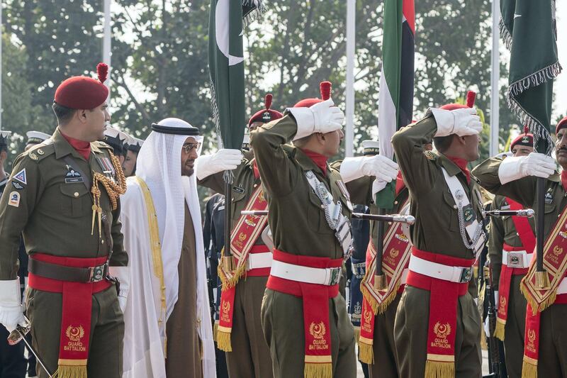 ISLAMABAD, PAKISTAN - January 06, 2019: HH Sheikh Mohamed bin Zayed Al Nahyan, Crown Prince of Abu Dhabi and Deputy Supreme Commander of the UAE Armed Forces (2nd L) attends a reception held by HE Imran Khan, Prime Minister of Pakistan (not shown), at the Prime Minister's residence.
( Rashed Al Mansoori / Ministry of Presidential Affairs )
---