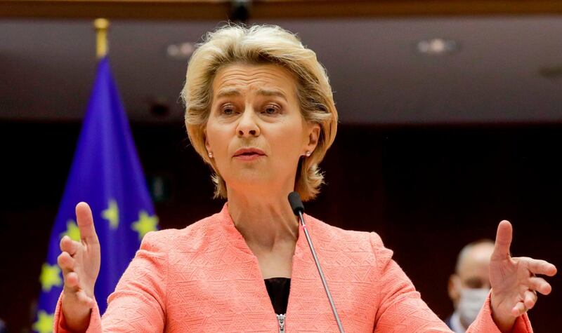 European Commission President Ursula Von Der Leyen addresses her first state of the union speech during a plenary session at the European Union Parliament in Brussels on September 16, 2020. / AFP / POOL / OLIVIER HOSLET
