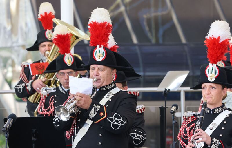 The Italian carabinieri band  at the Al Wasl Plaza during the Italian Day celebrations at Expo 2020 Dubai.  AFP