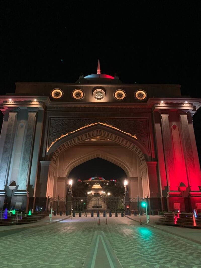 The gateway to the Emirates Palace hotel is also lit up for Singapore National Day.