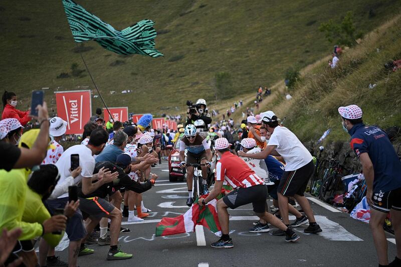 TOPSHOT - Team AG2R La Mondiale rider France's Nans Peters rides ahead during the 8th stage of the 107th edition of the Tour de France cycling race, 140 km between Cazeres-sur-Garonne and Loudenvielle, on September 5, 2020. / AFP / Anne-Christine POUJOULAT
