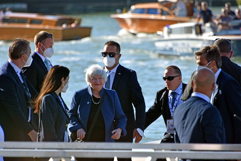 US Treasury Secretary Janet Yellen is greeted after arriving in Venice.